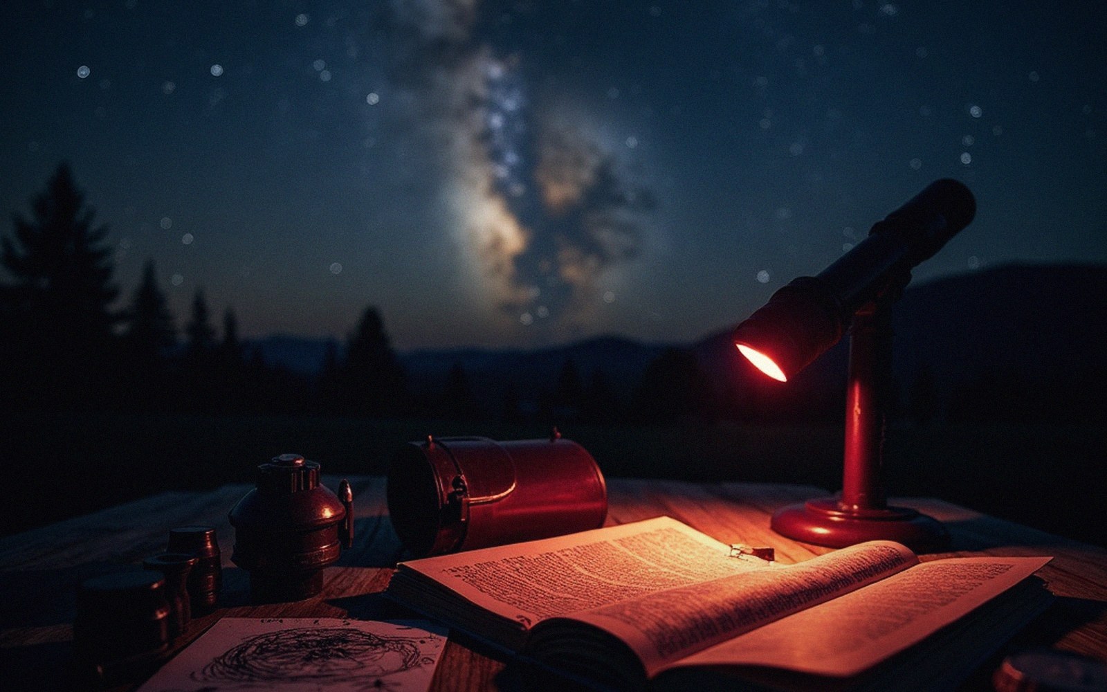 A red-lit lamp illuminates an open book and star chart beneath a night sky showing the Milky Way