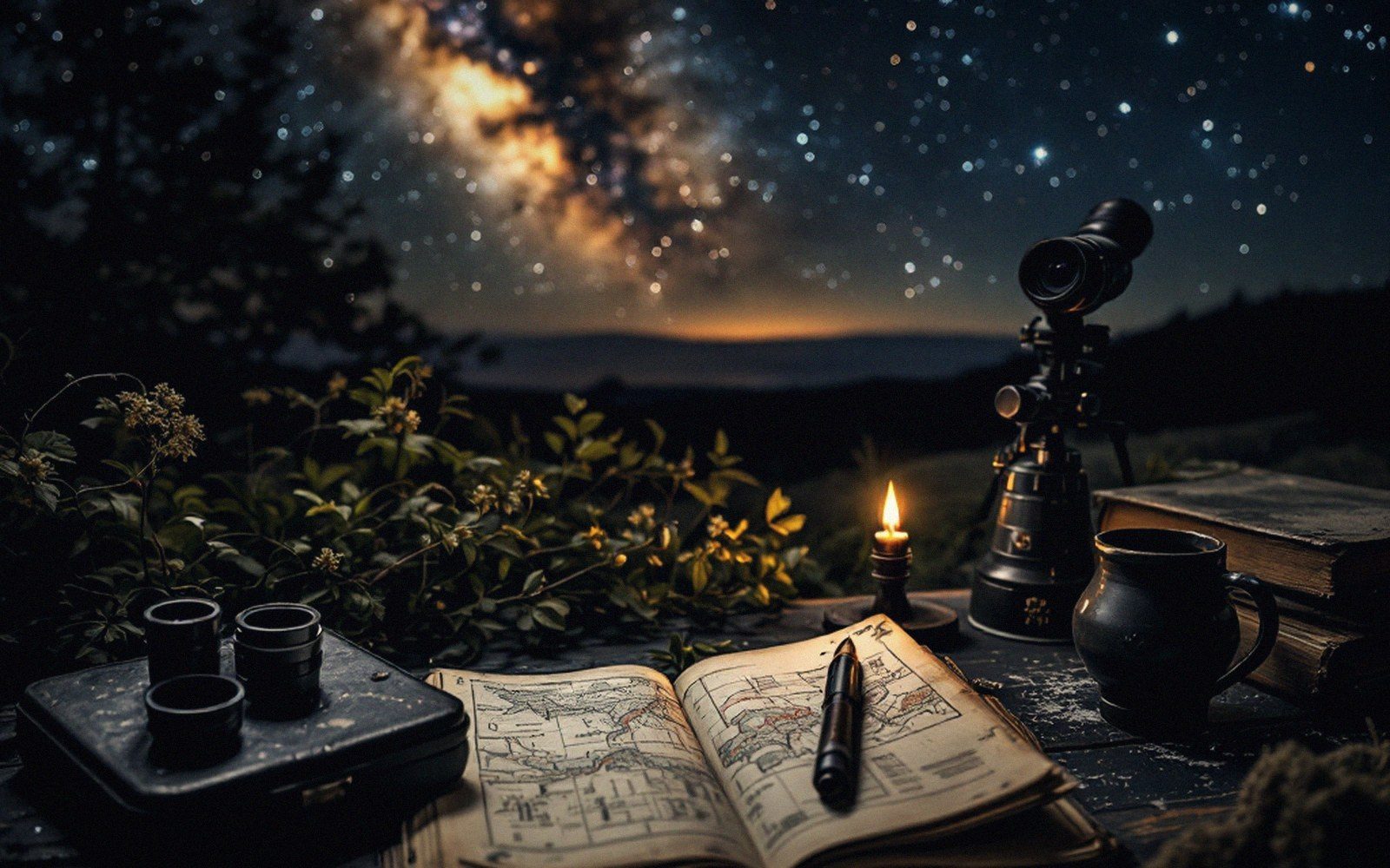 A telescope, candle, and open star map on a table beneath the night sky