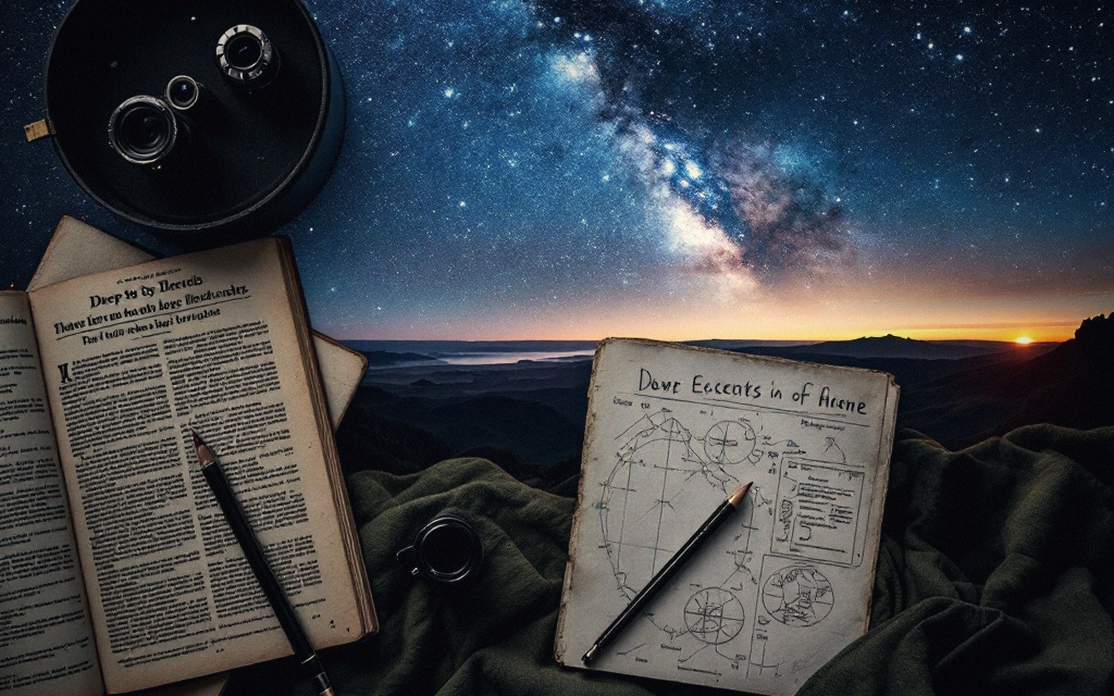 Open astronomy notebooks with hand-drawn star charts beside a telescope under the Milky Way