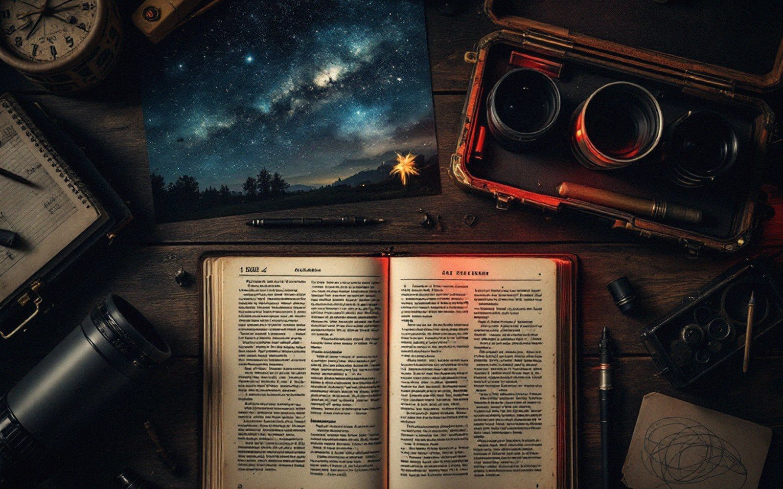 An open book, star photo, camera lenses and pens arranged on a wooden desk