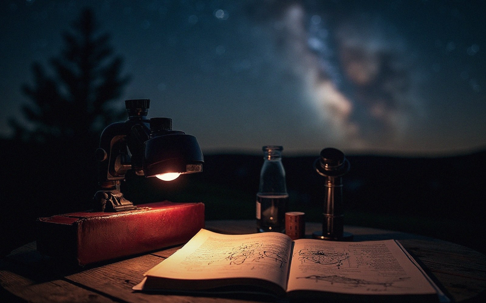 A microscope, glass bottle and open notebook on a table under a starry night sky