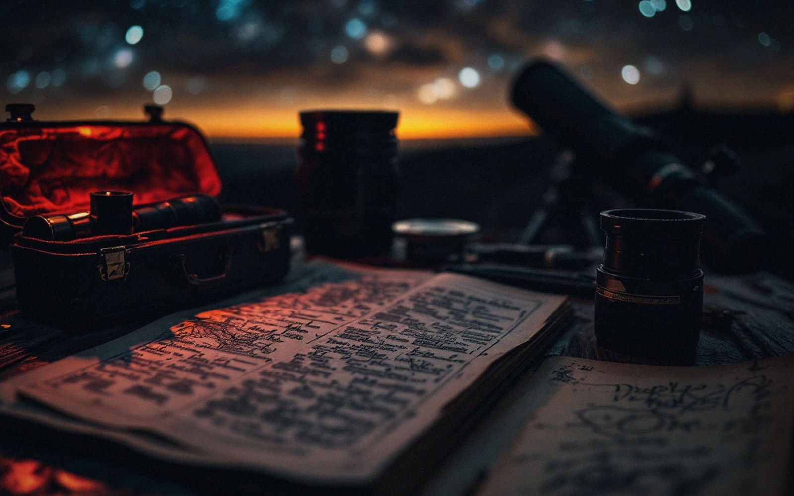 Camera lenses, a telescope and handwritten notes on a table under a starry sky