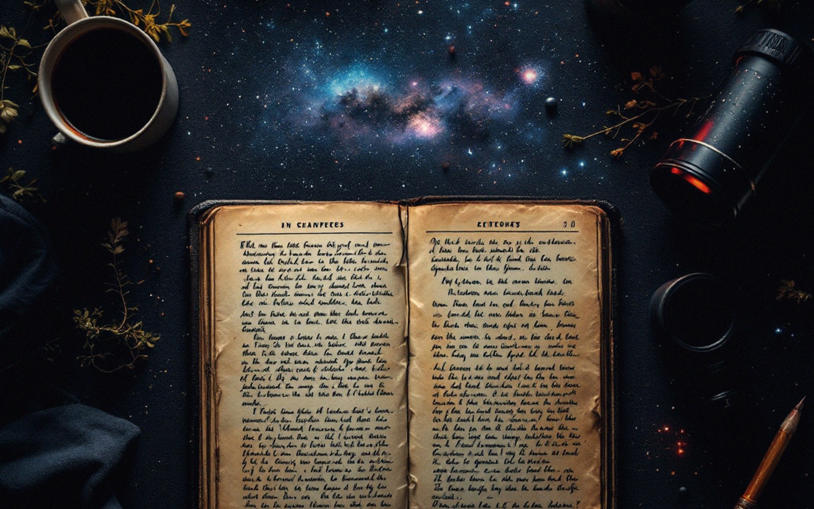 An open handwritten journal surrounded by a coffee cup, telescope and starry night sky backdrop