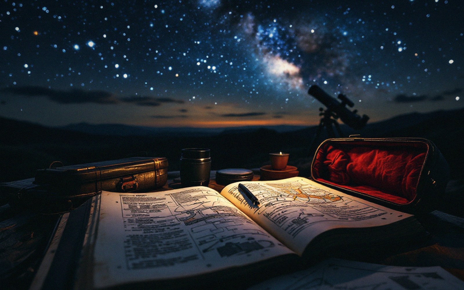 Star chart open on a table beside a telescope under the milky way at night