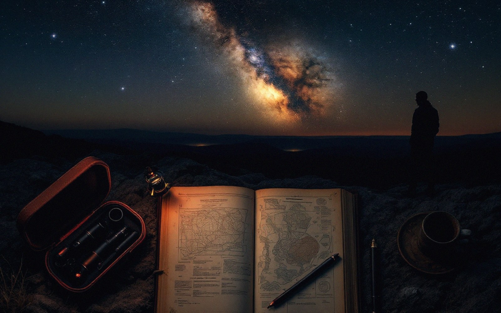 A silhouetted figure stands near an open map book under the Milky Way at night