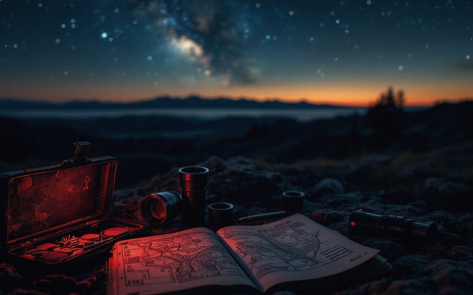 Open star map, lens filters and flashlight on a hilltop under a starry sky