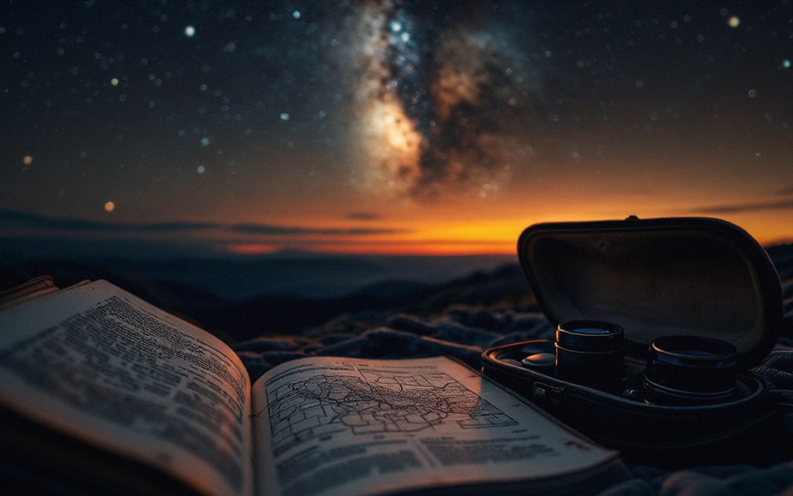 Open map book and binoculars case on a hillside under the Milky Way at dusk
