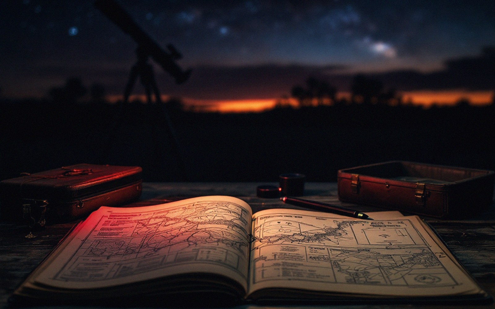 An open star chart book on a table beside a telescope silhouetted against a starry twilight sky