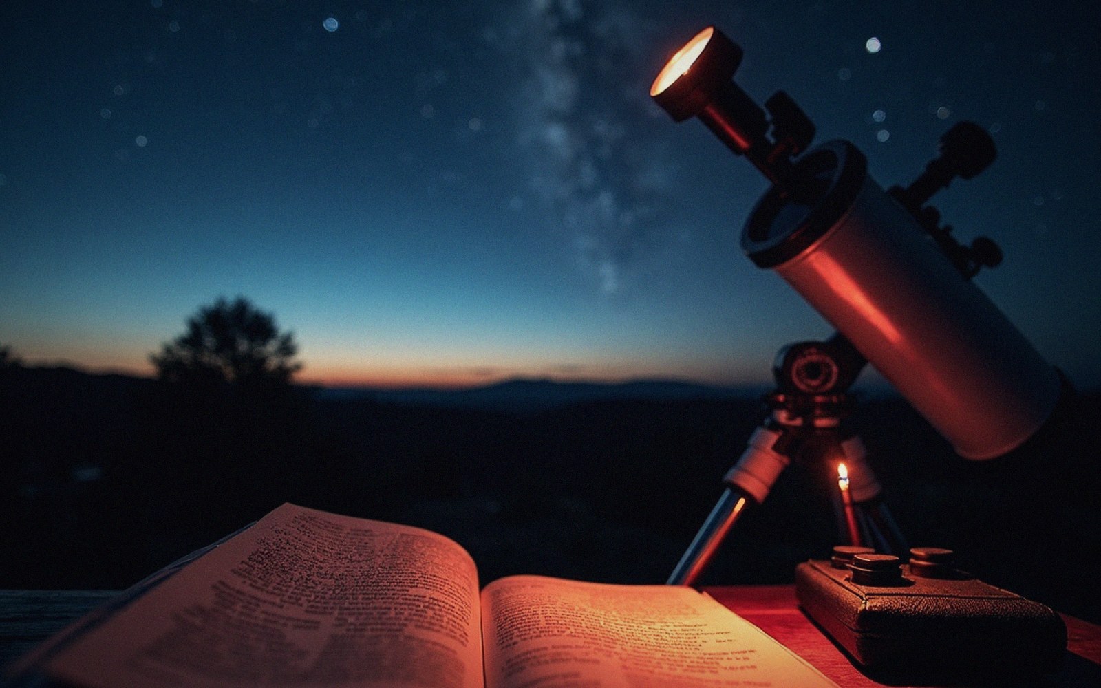 Telescope on a tripod beside an open book under a starry twilight sky