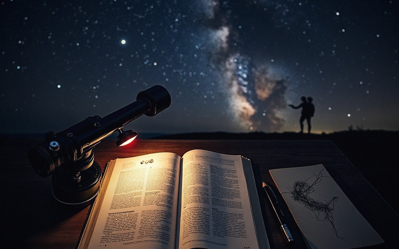 Telescope and open book on a table as two silhouetted figures watch the Milky Way