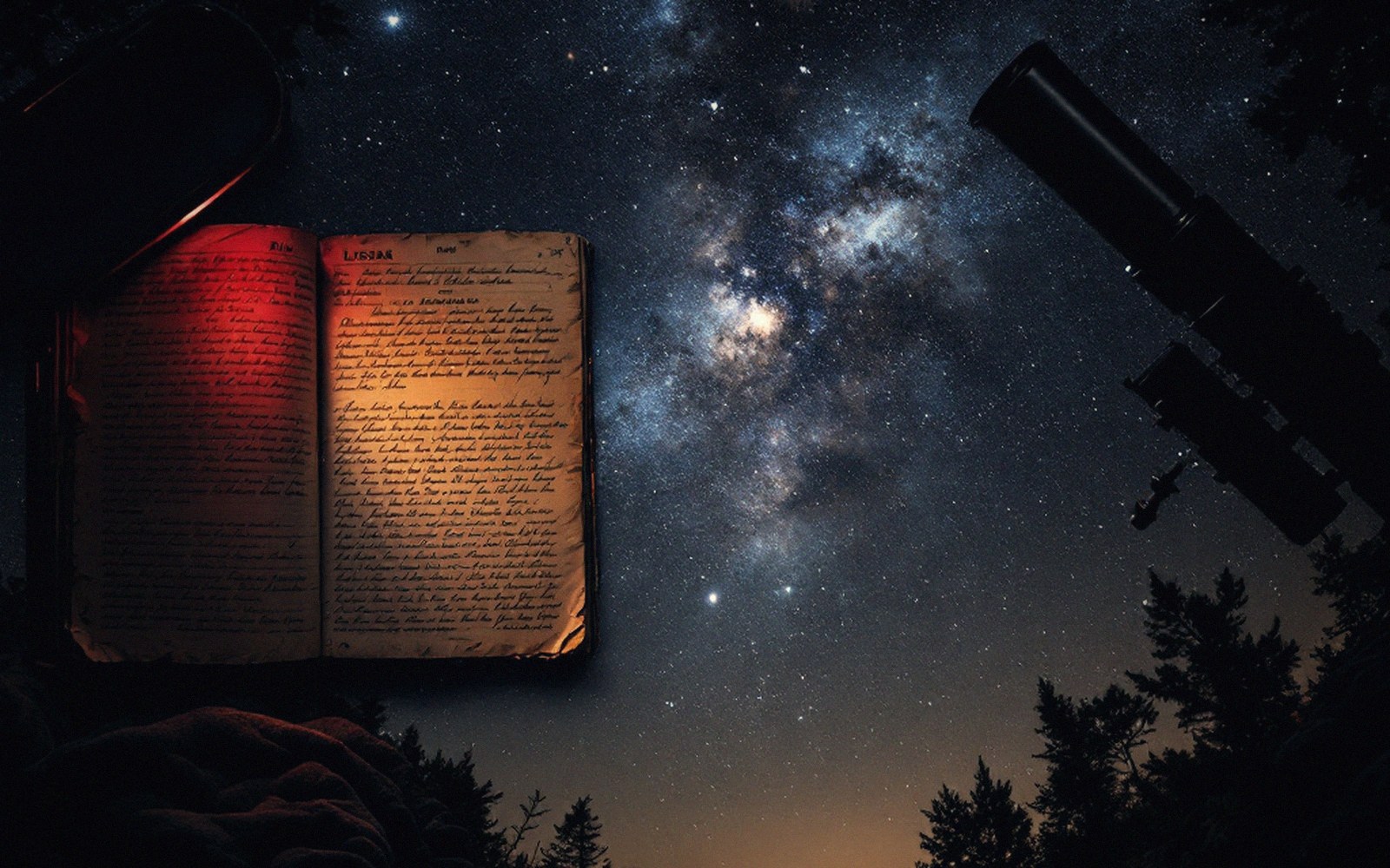 An open handwritten logbook and telescope silhouette beneath the star-filled Milky Way