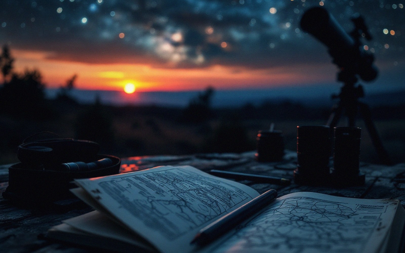 Open map, pen and binoculars on a table with a telescope, under a starry twilight sky